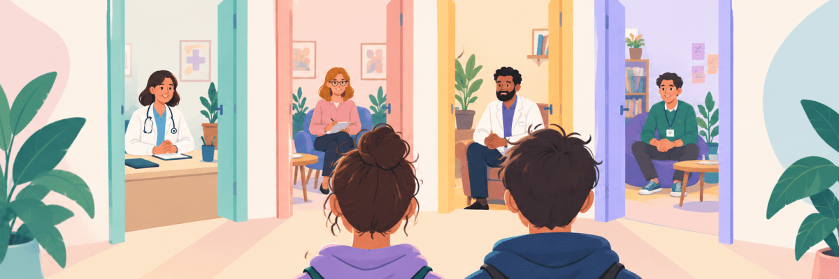 Deux jeunes face à plusieurs portes d’entrée en santé mentale : médecin généraliste, psychologue, psychiatre et structures pour les jeunes.
