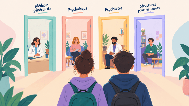 Deux jeunes face à plusieurs portes d’entrée en santé mentale : médecin généraliste, psychologue, psychiatre et structures pour les jeunes.