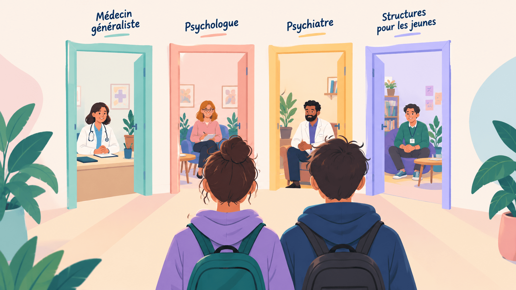 Deux jeunes face à plusieurs portes d’entrée en santé mentale : médecin généraliste, psychologue, psychiatre et structures pour les jeunes.